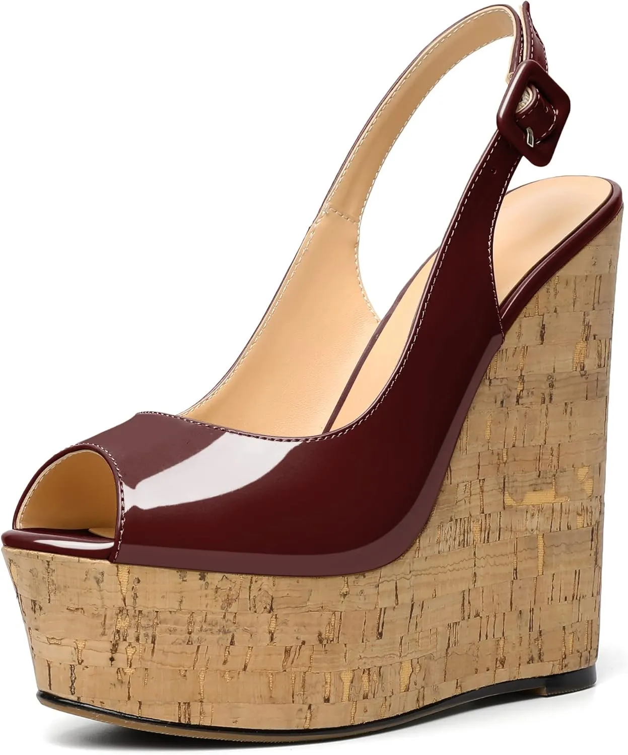 Soireelady Women's Wedges Slingback High Heels Peep Toe Platform Sandals Buckle Strap Cork Wedges Slip on Dressy Pumps for Party, Wedding, and Evening