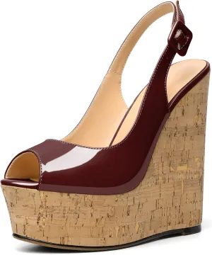 Soireelady Women's Wedges Slingback High Heels Peep Toe Platform Sandals Buckle Strap Cork Wedges Slip on Dressy Pumps for Party, Wedding, and Evening