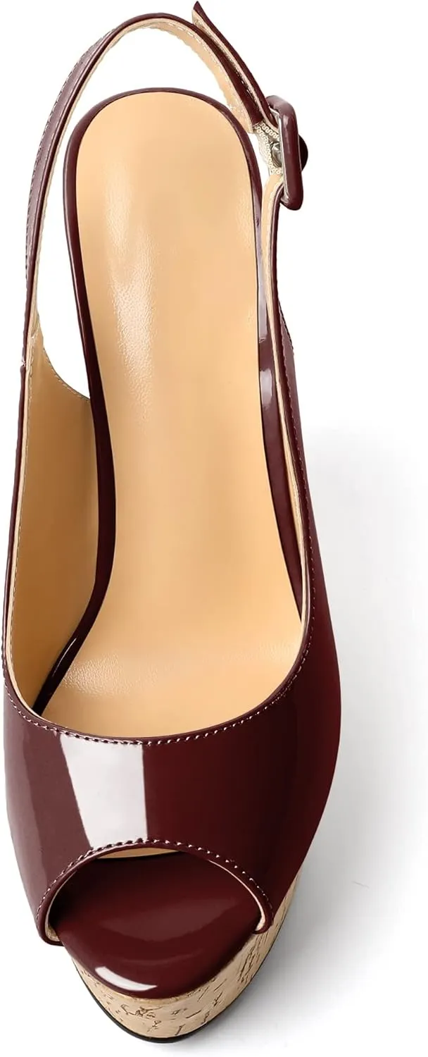 Soireelady Women's Wedges Slingback High Heels Peep Toe Platform Sandals Buckle Strap Cork Wedges Slip on Dressy Pumps for Party, Wedding, and Evening