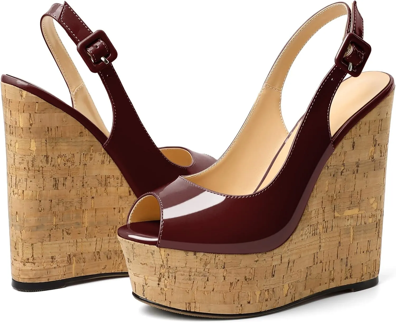Soireelady Women's Wedges Slingback High Heels Peep Toe Platform Sandals Buckle Strap Cork Wedges Slip on Dressy Pumps for Party, Wedding, and Evening