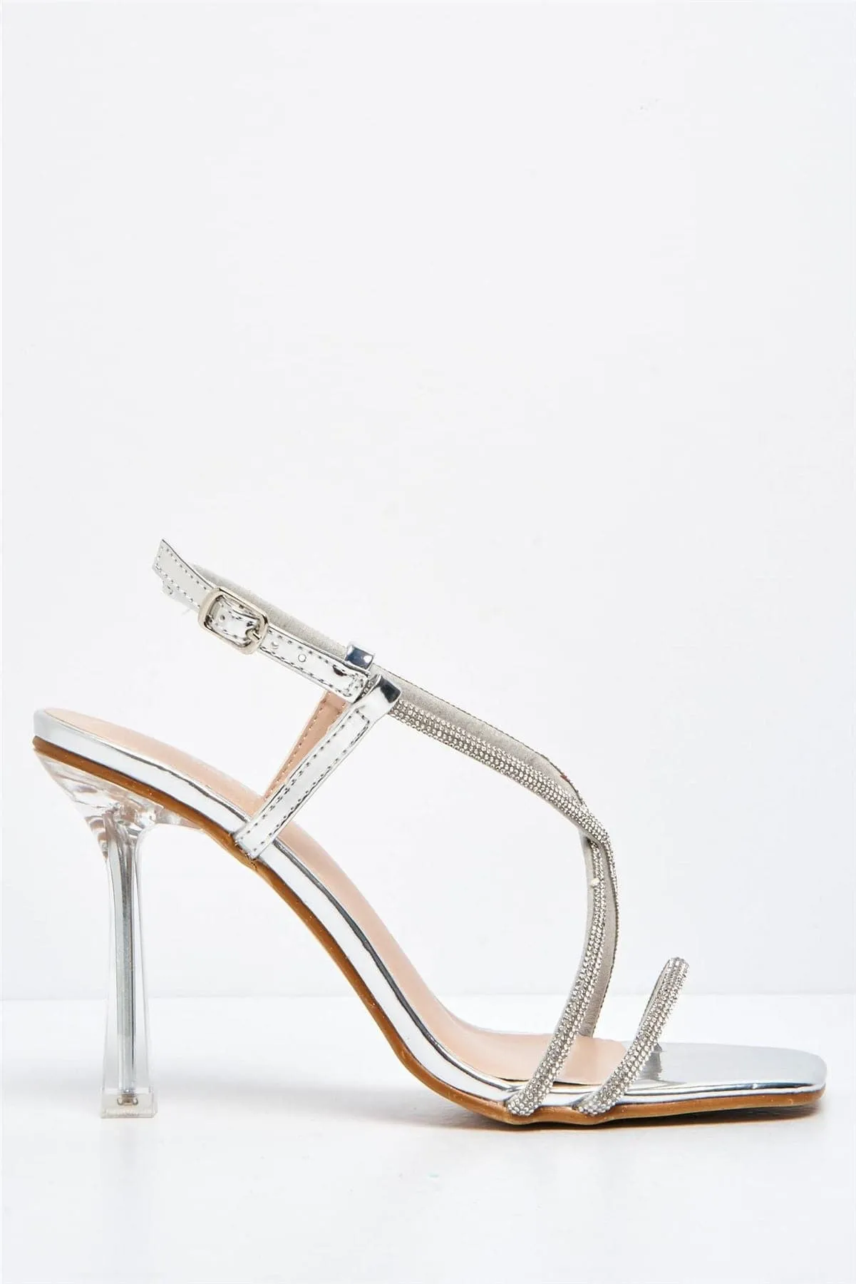 Sorrento Diamante Strap Square Toe Heel Sandal in Silver