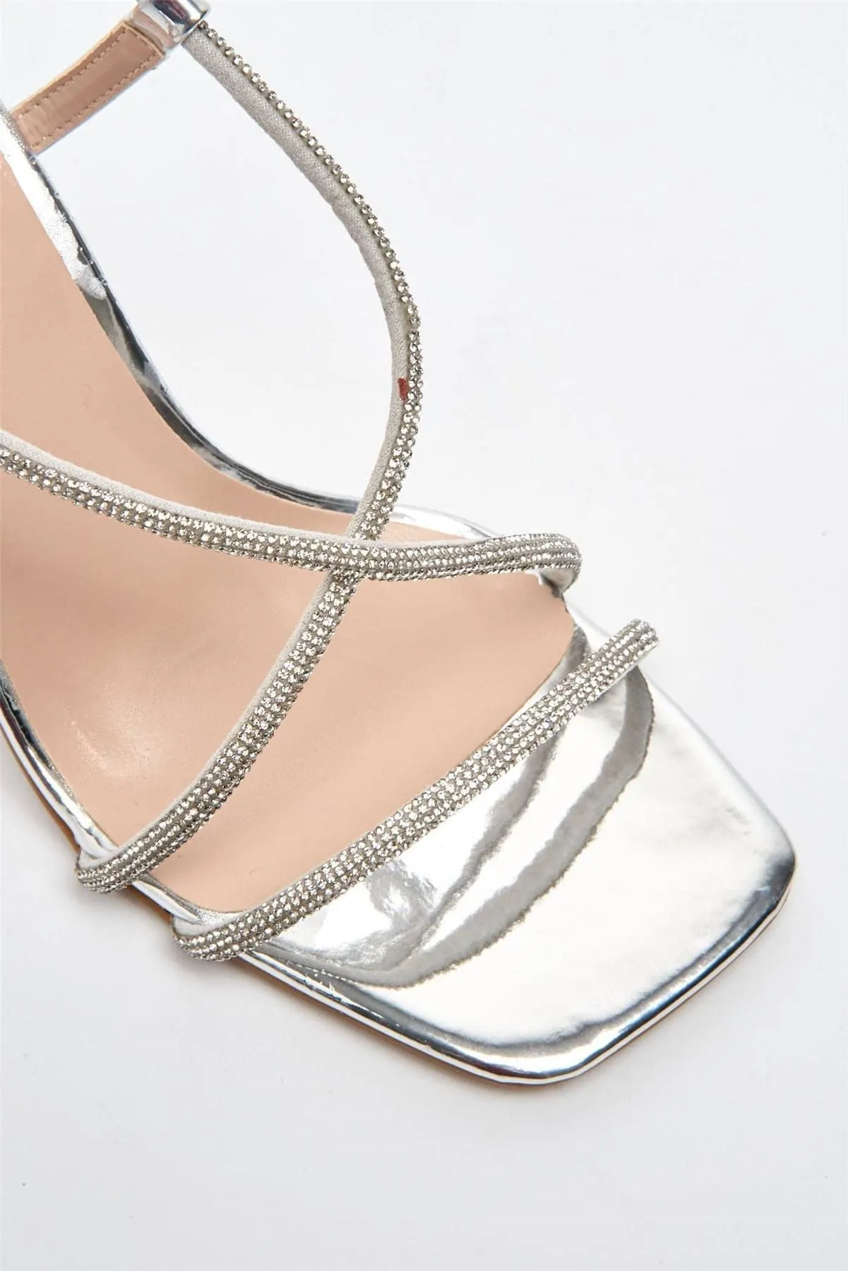 Sorrento Diamante Strap Square Toe Heel Sandal in Silver