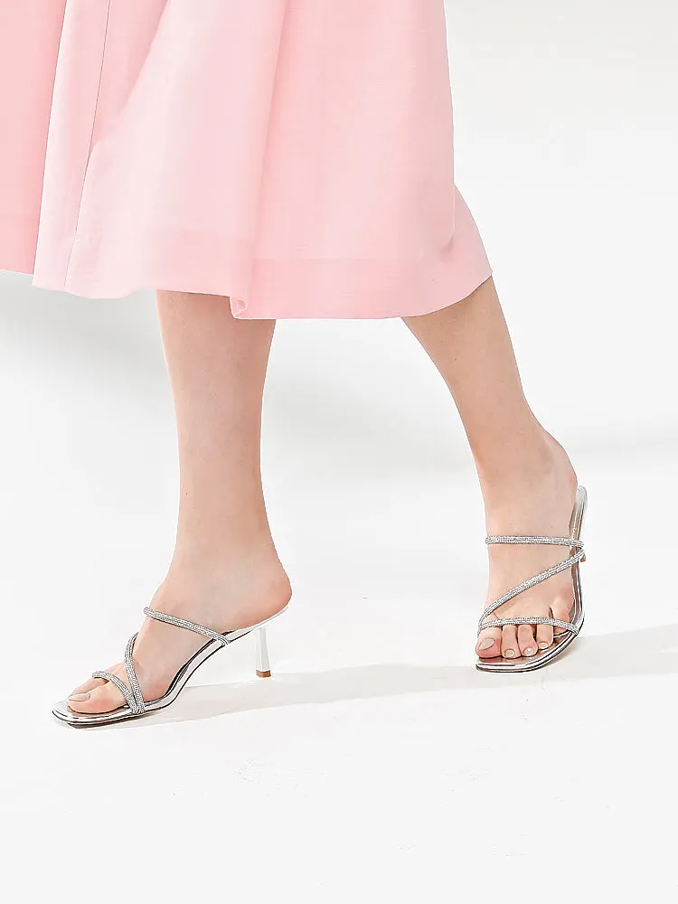 Stacey Strappy Silver Sparkly Open Toe Heels