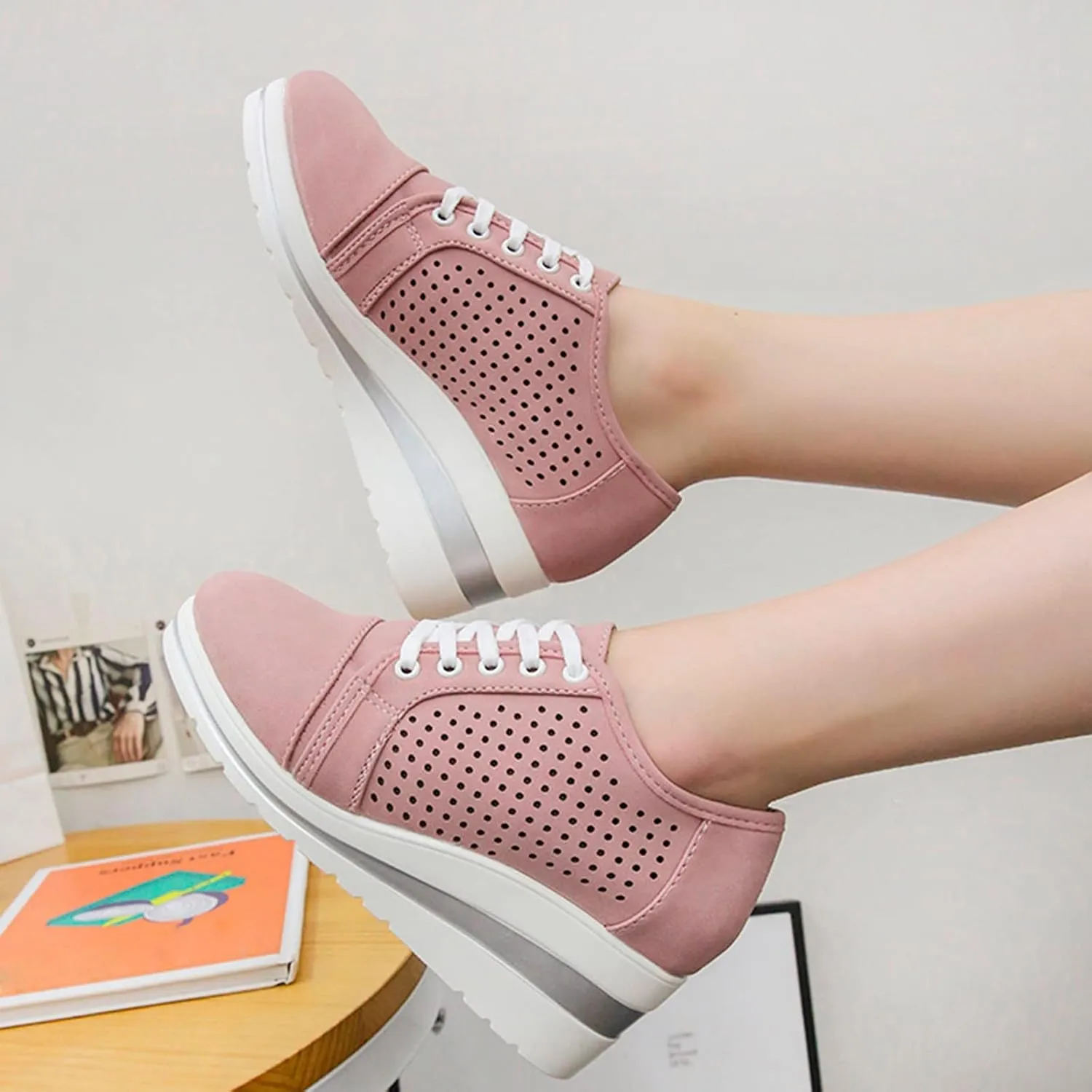 SuanlaTDS Casual Shoes for Women Platform Sneakers Walking Shoes Colorblock Lace up Front Skate Shoes Red Wedges for Women (Pink #3, 7.5)