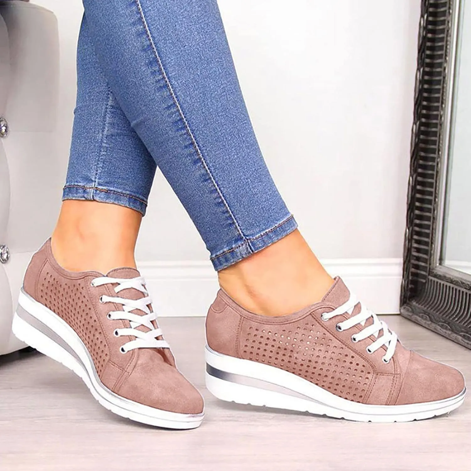 SuanlaTDS Casual Shoes for Women Platform Sneakers Walking Shoes Colorblock Lace up Front Skate Shoes Red Wedges for Women (Pink #3, 7.5)