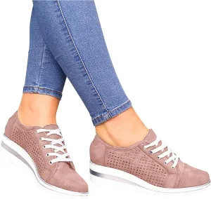 SuanlaTDS Casual Shoes for Women Platform Sneakers Walking Shoes Colorblock Lace up Front Skate Shoes Red Wedges for Women (Pink #3, 7.5)