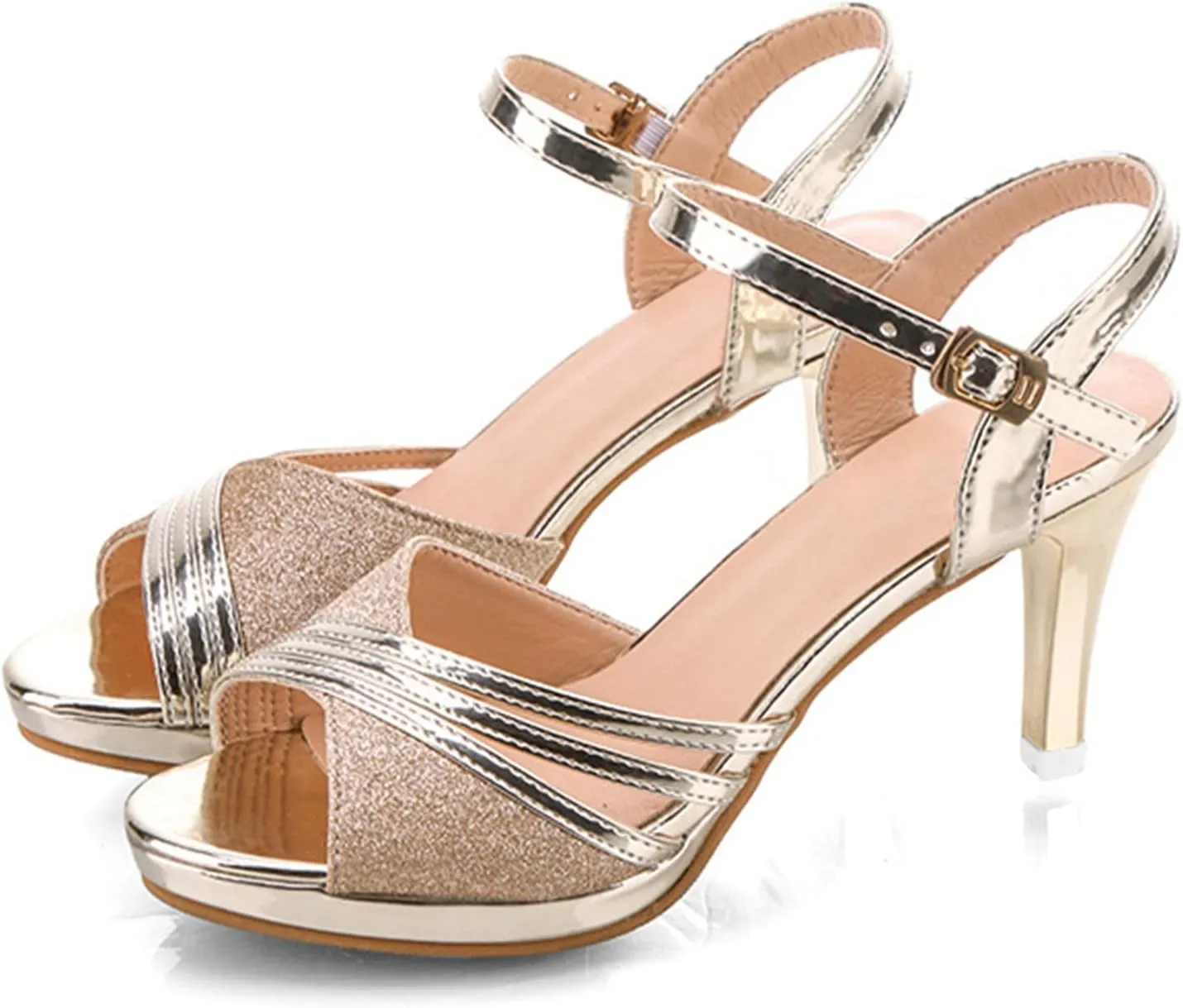 SuanlaTDS Pumps Shoes Women Mid Heel Fashion Bling Glitter Peep Toe Stiletto Sandals Buckle Ankle Strap Pump Heels Womens Ladies Summer Wedding Evening Party Dress Shoes