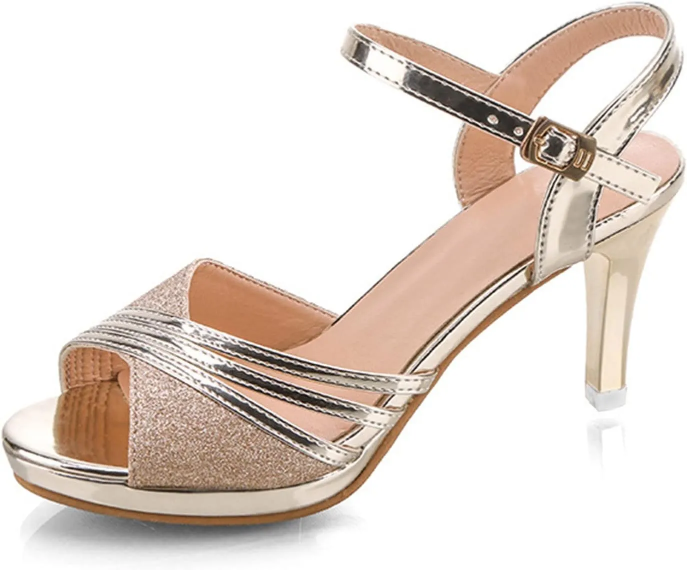 SuanlaTDS Pumps Shoes Women Mid Heel Fashion Bling Glitter Peep Toe Stiletto Sandals Buckle Ankle Strap Pump Heels Womens Ladies Summer Wedding Evening Party Dress Shoes