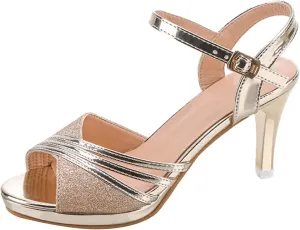 SuanlaTDS Pumps Shoes Women Mid Heel Fashion Bling Glitter Peep Toe Stiletto Sandals Buckle Ankle Strap Pump Heels Womens Ladies Summer Wedding Evening Party Dress Shoes