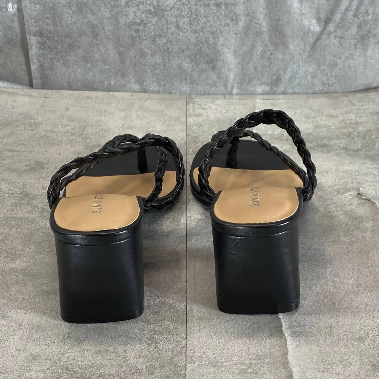 SUN STONE Women's Black Wiinie Braided Round-Toe Block-Heel Dress Sandals SZ 6
