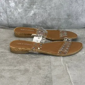 SUN STONE Women's Clear Studded Easten 2 Slide-On Flat Sandals SZ 10