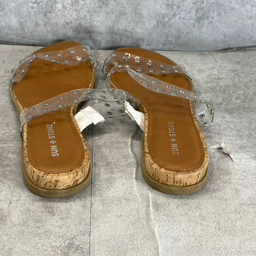 SUN STONE Women's Clear Studded Easten 2 Slide-On Flat Sandals SZ 10