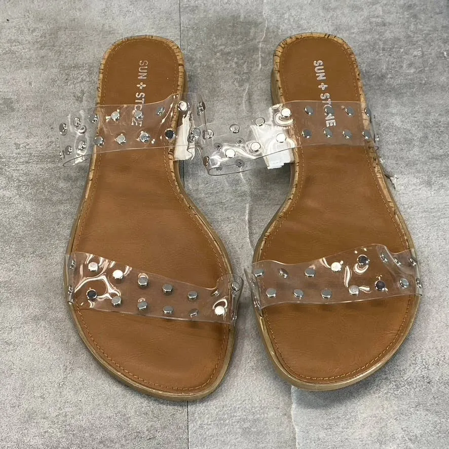 SUN STONE Women's Clear Studded Easten 2 Slide-On Flat Sandals SZ 10