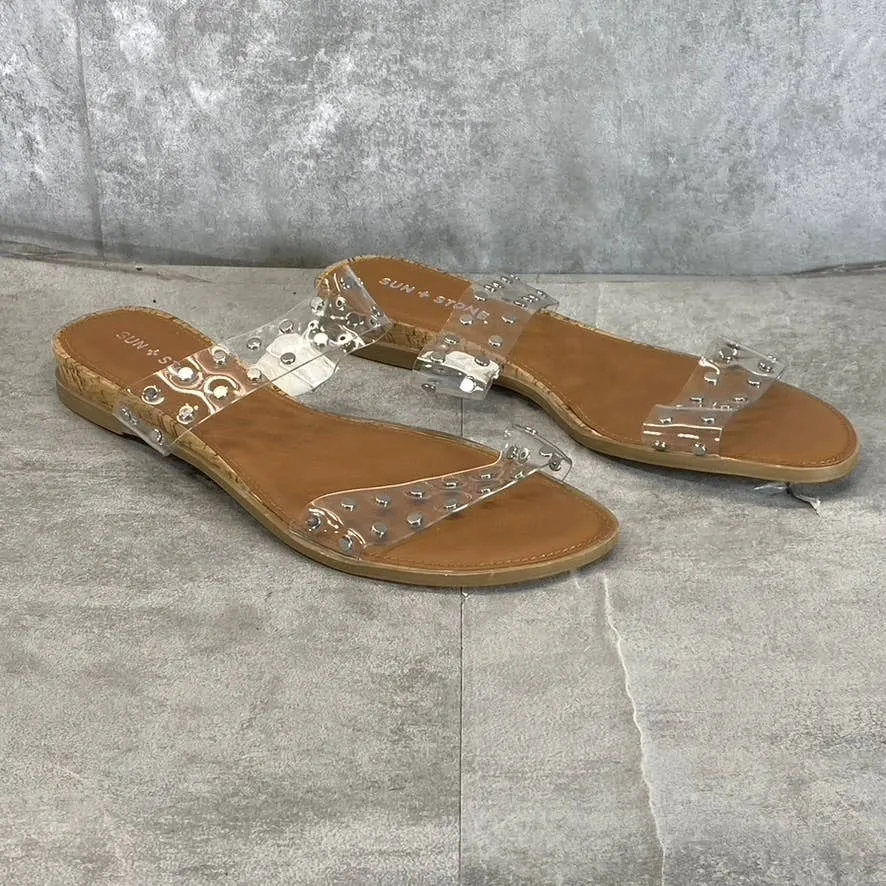 SUN STONE Women's Clear Studded Easten 2 Slide-On Flat Sandals SZ 10