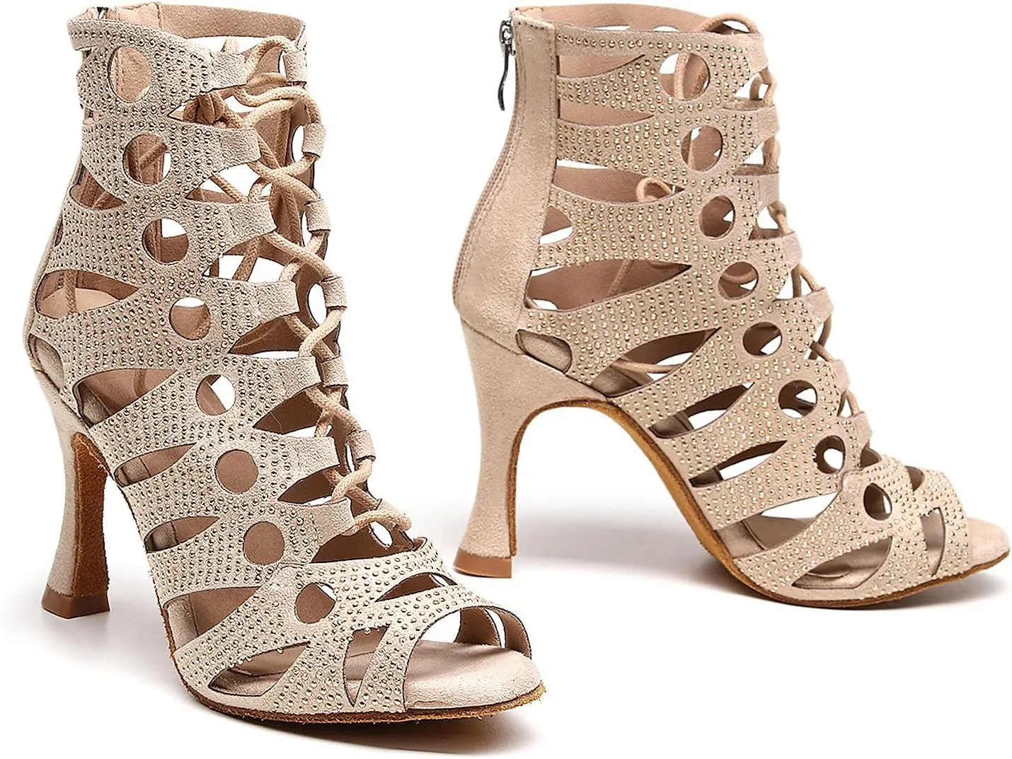SWDZM Women Rhinestone Dance Boots Open Toe Hollow Out Latin Dance Boots Lace-up Dance Heels