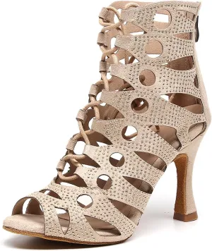 SWDZM Women Rhinestone Dance Boots Open Toe Hollow Out Latin Dance Boots Lace-up Dance Heels