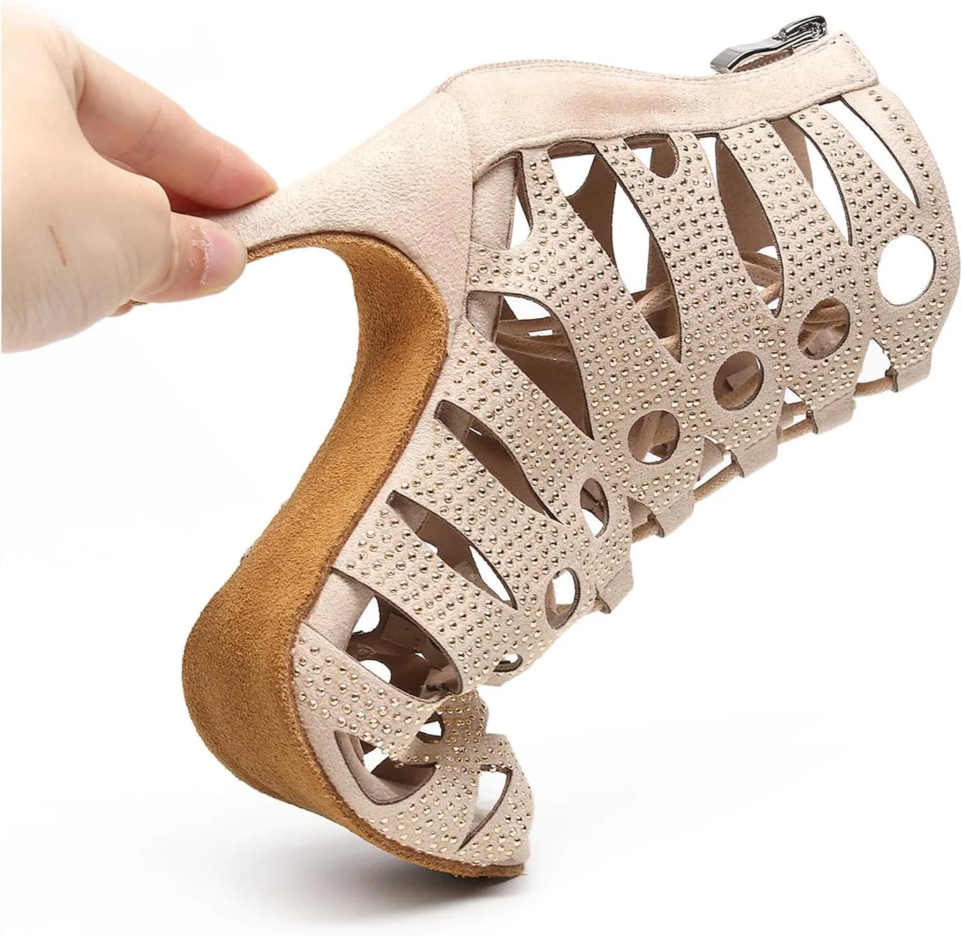 SWDZM Women Rhinestone Dance Boots Open Toe Hollow Out Latin Dance Boots Lace-up Dance Heels