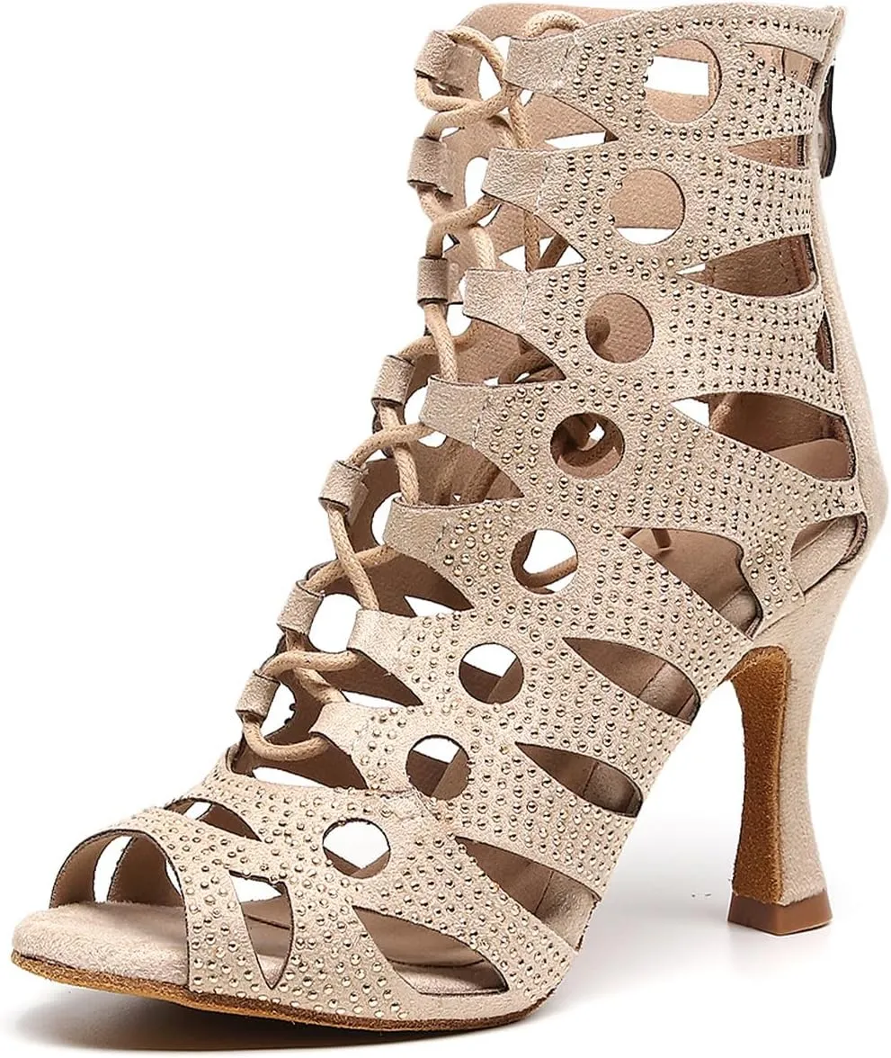SWDZM Women Rhinestone Dance Boots Open Toe Hollow Out Latin Dance Boots Lace-up Dance Heels