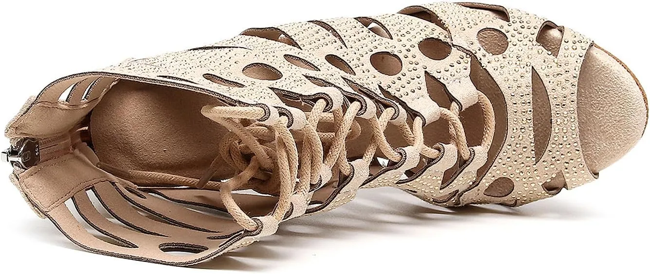 SWDZM Women Rhinestone Dance Boots Open Toe Hollow Out Latin Dance Boots Lace-up Dance Heels