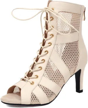 SWDZM Women's Ballroom Latin Salsa Dance Shoes Lace-up Open-Toe Dance Boots Mesh Performance Professional Dance Heels