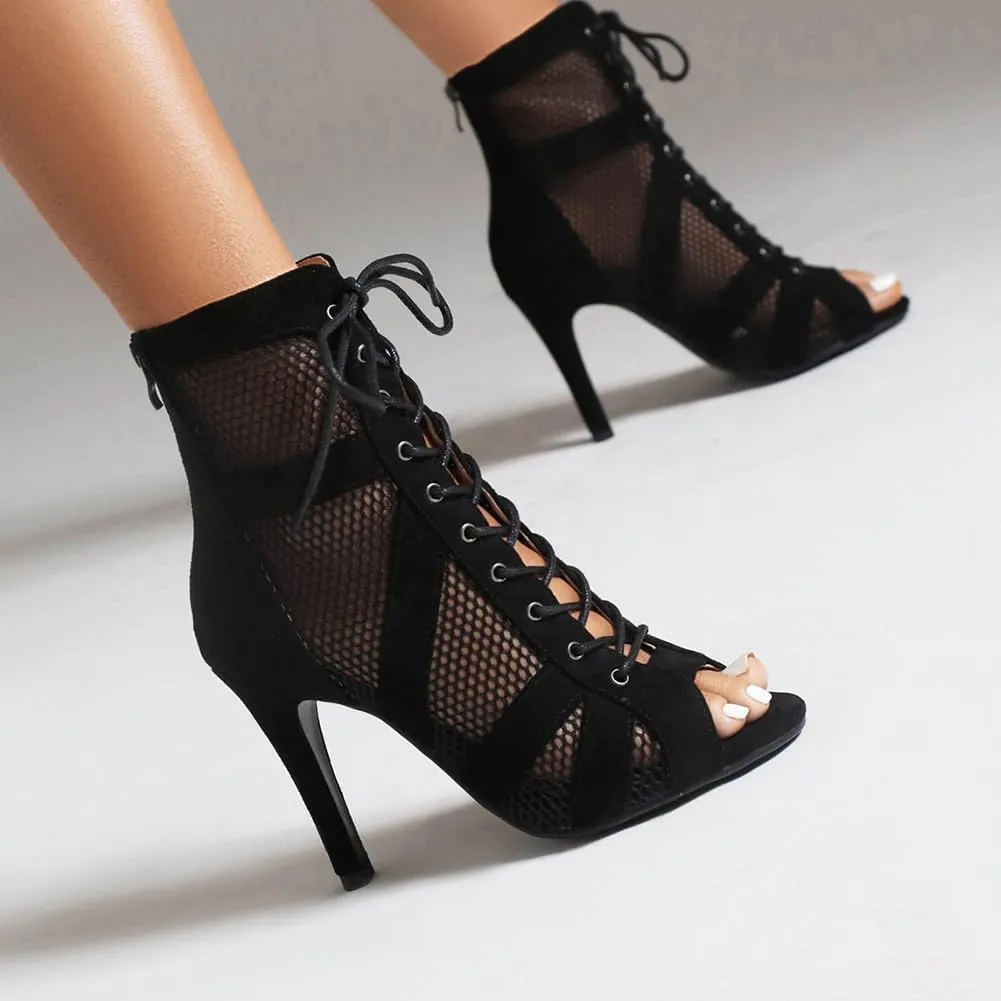 SWDZM Women's Ballroom Latin Salsa Dance Shoes Lace-up Open-Toe Dance Boots Mesh Performance Professional Dance Heels