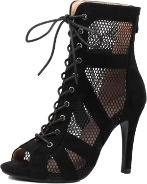 SWDZM Women's Ballroom Latin Salsa Dance Shoes Lace-up Open-Toe Dance Boots Mesh Performance Professional Dance Heels