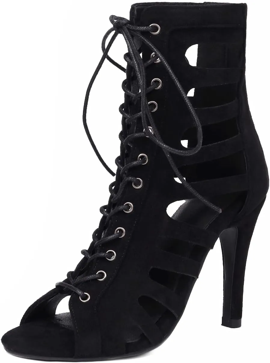 SWDZM Women's Ballroom Latin Salsa Dance Shoes Lace-up Open-Toe Dance Boots Outdoor Ankle Dance Heels