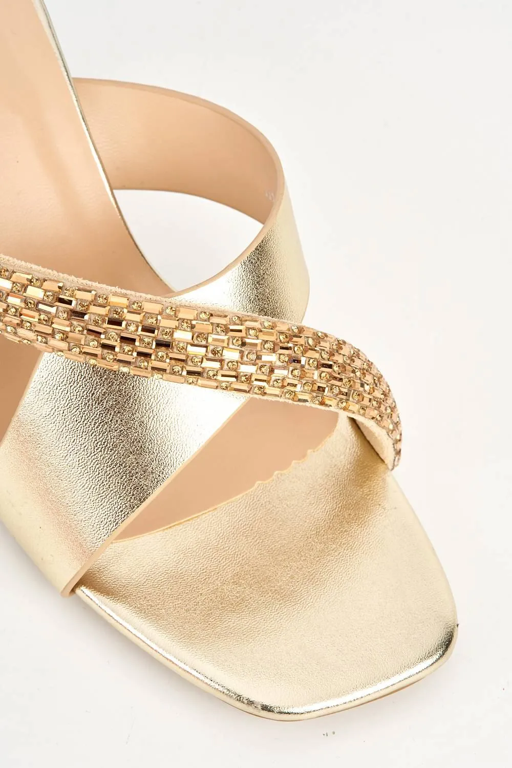Tesoro Diamante Embellished Perspex Block Heel Mules in Gold