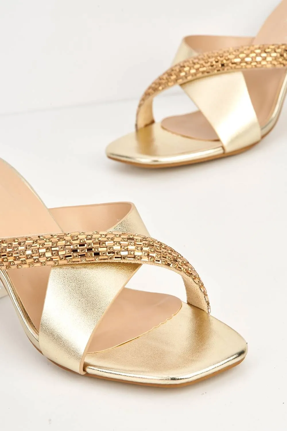 Tesoro Diamante Embellished Perspex Block Heel Mules in Gold