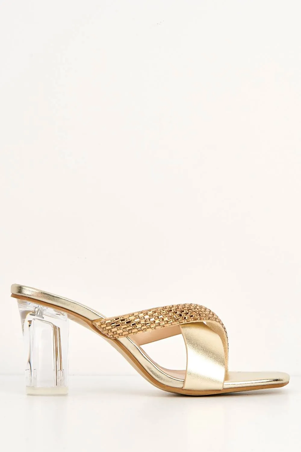 Tesoro Diamante Embellished Perspex Block Heel Mules in Gold