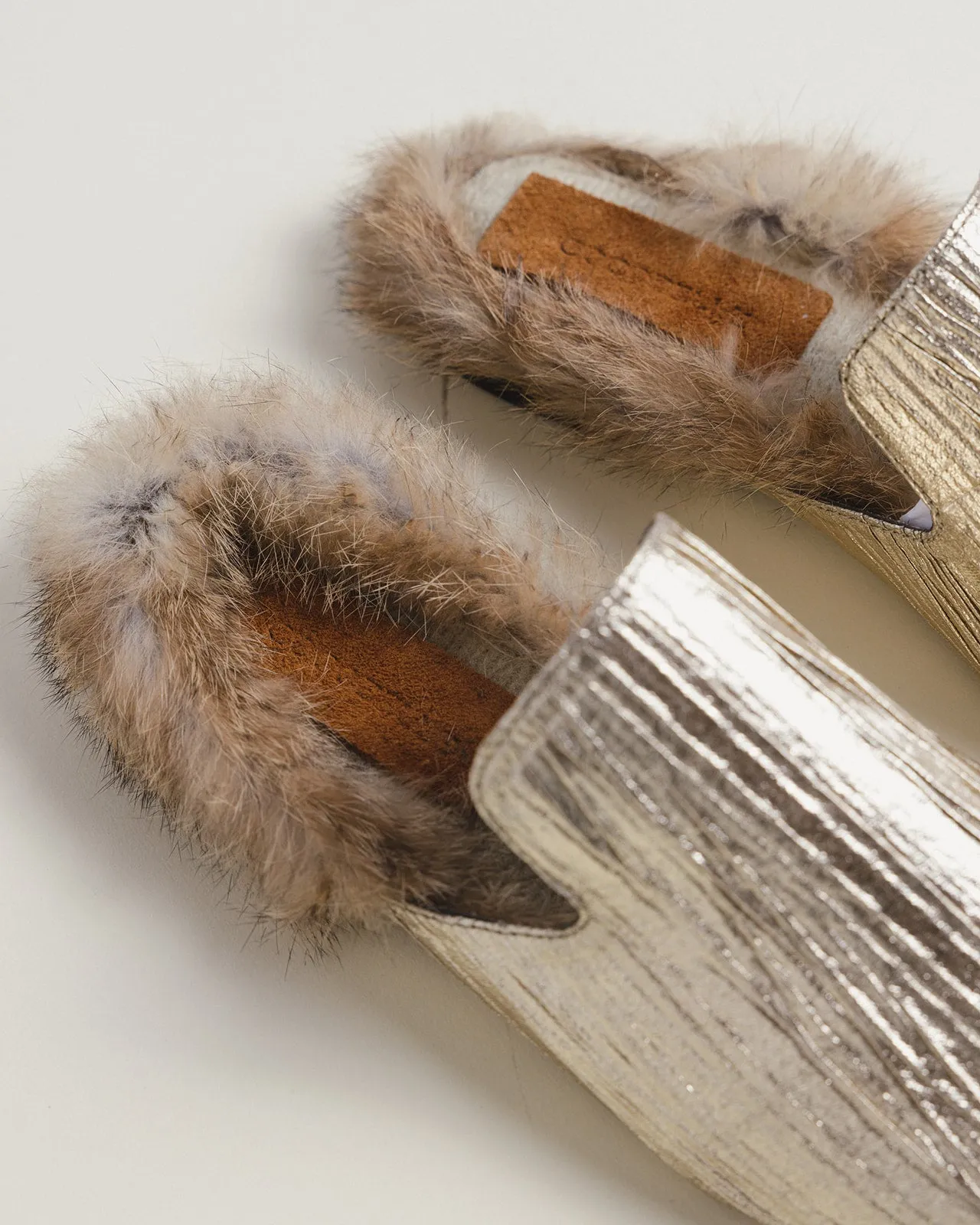 Tracy Mules in Gold   Rabbit Fur