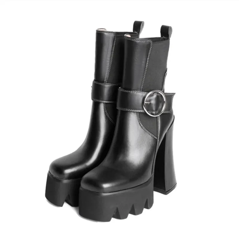 Trend4us Buckle Strap Chunky Platform Boots