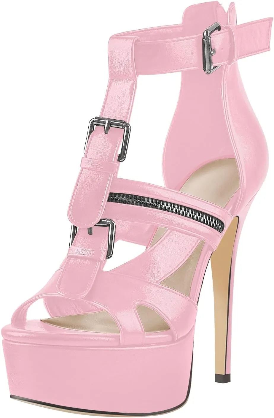 VERISSON Women's Buckle Strap Peep Toe Stiletto Platform Sandals with Grommets Band back Zippers High Heels Nubuck Summer Sandals for Evening Party