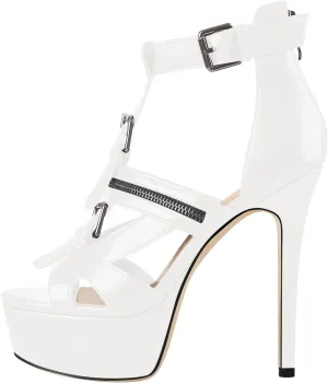 VERISSON Women's Buckle Strap Peep Toe Stiletto Platform Sandals with Grommets Band back Zippers High Heels Nubuck Summer Sandals for Evening Party