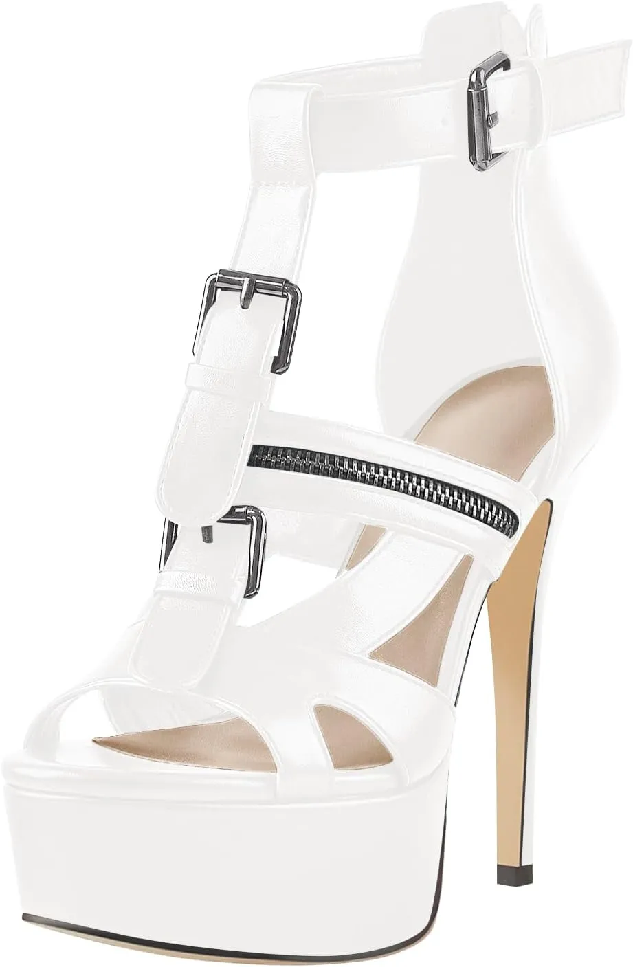 VERISSON Women's Buckle Strap Peep Toe Stiletto Platform Sandals with Grommets Band back Zippers High Heels Nubuck Summer Sandals for Evening Party