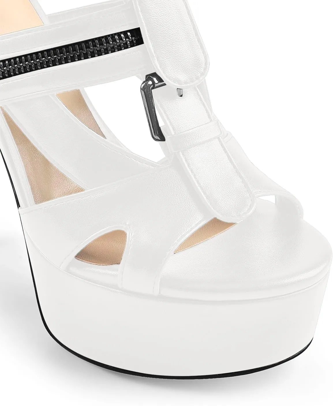 VERISSON Women's Buckle Strap Peep Toe Stiletto Platform Sandals with Grommets Band back Zippers High Heels Nubuck Summer Sandals for Evening Party