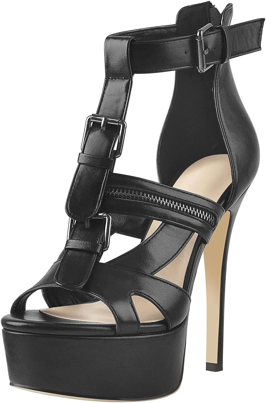 VERISSON Women's Buckle Strap Peep Toe Stiletto Platform Sandals with Grommets Band back Zippers High Heels Nubuck Summer Sandals for Evening Party