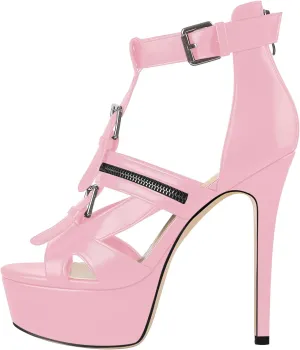 VERISSON Women's Buckle Strap Peep Toe Stiletto Platform Sandals with Grommets Band back Zippers High Heels Nubuck Summer Sandals for Evening Party