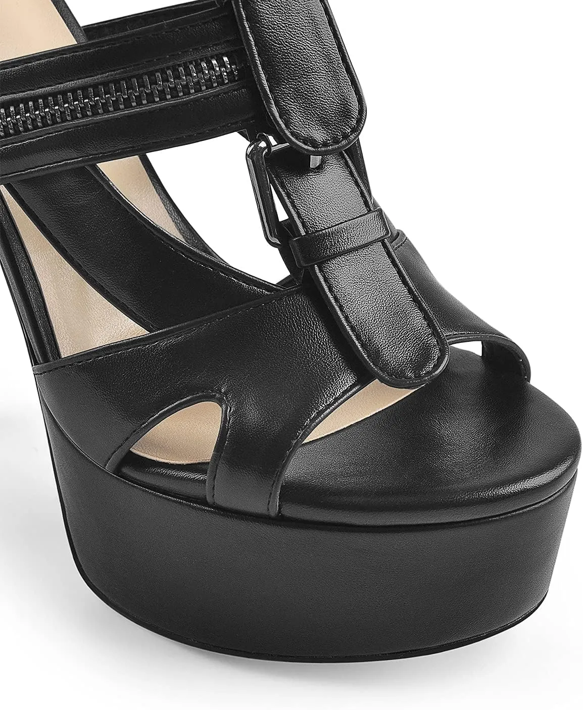 VERISSON Women's Buckle Strap Peep Toe Stiletto Platform Sandals with Grommets Band back Zippers High Heels Nubuck Summer Sandals for Evening Party