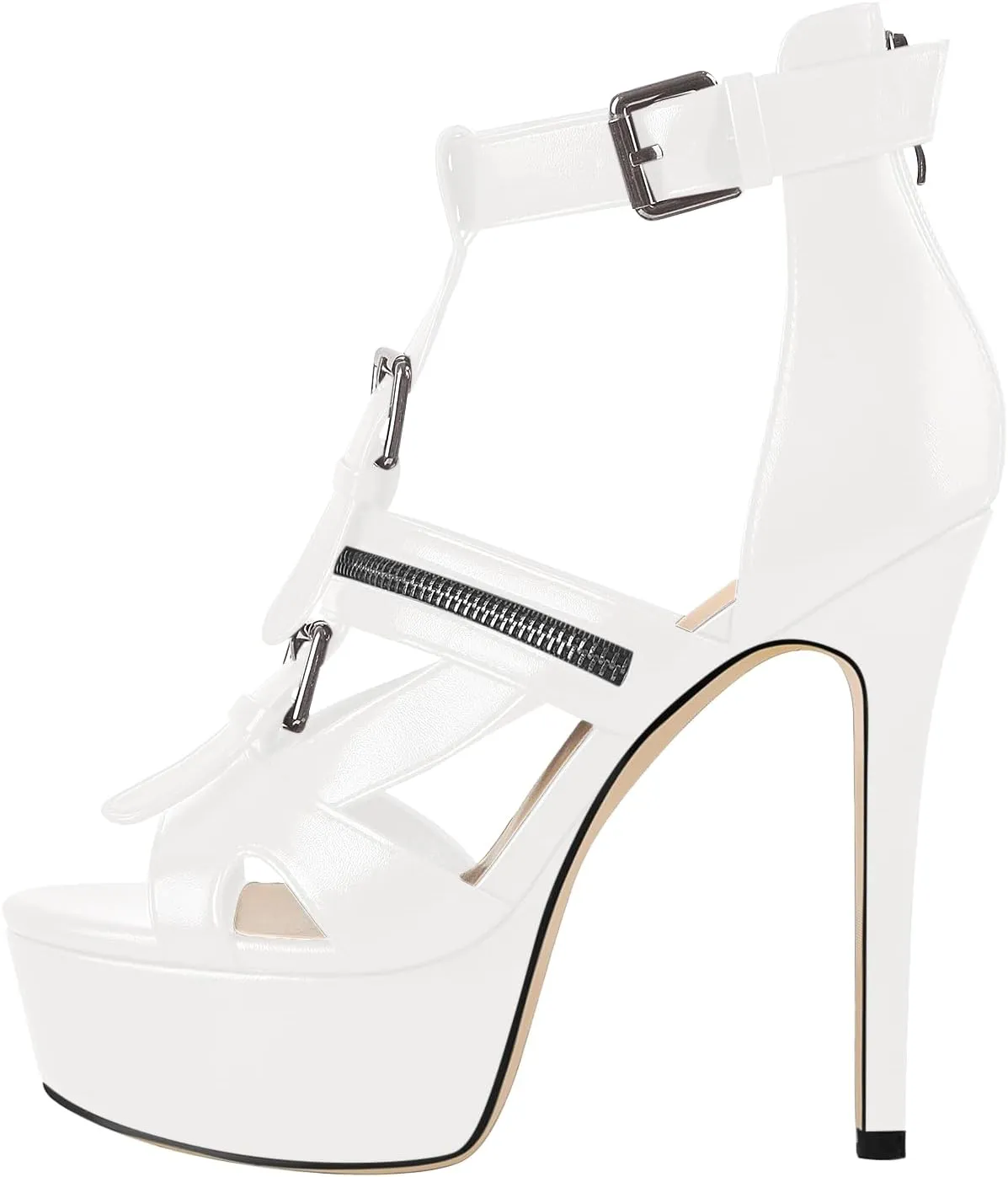 VERISSON Women's Buckle Strap Peep Toe Stiletto Platform Sandals with Grommets Band back Zippers High Heels Nubuck Summer Sandals for Evening Party