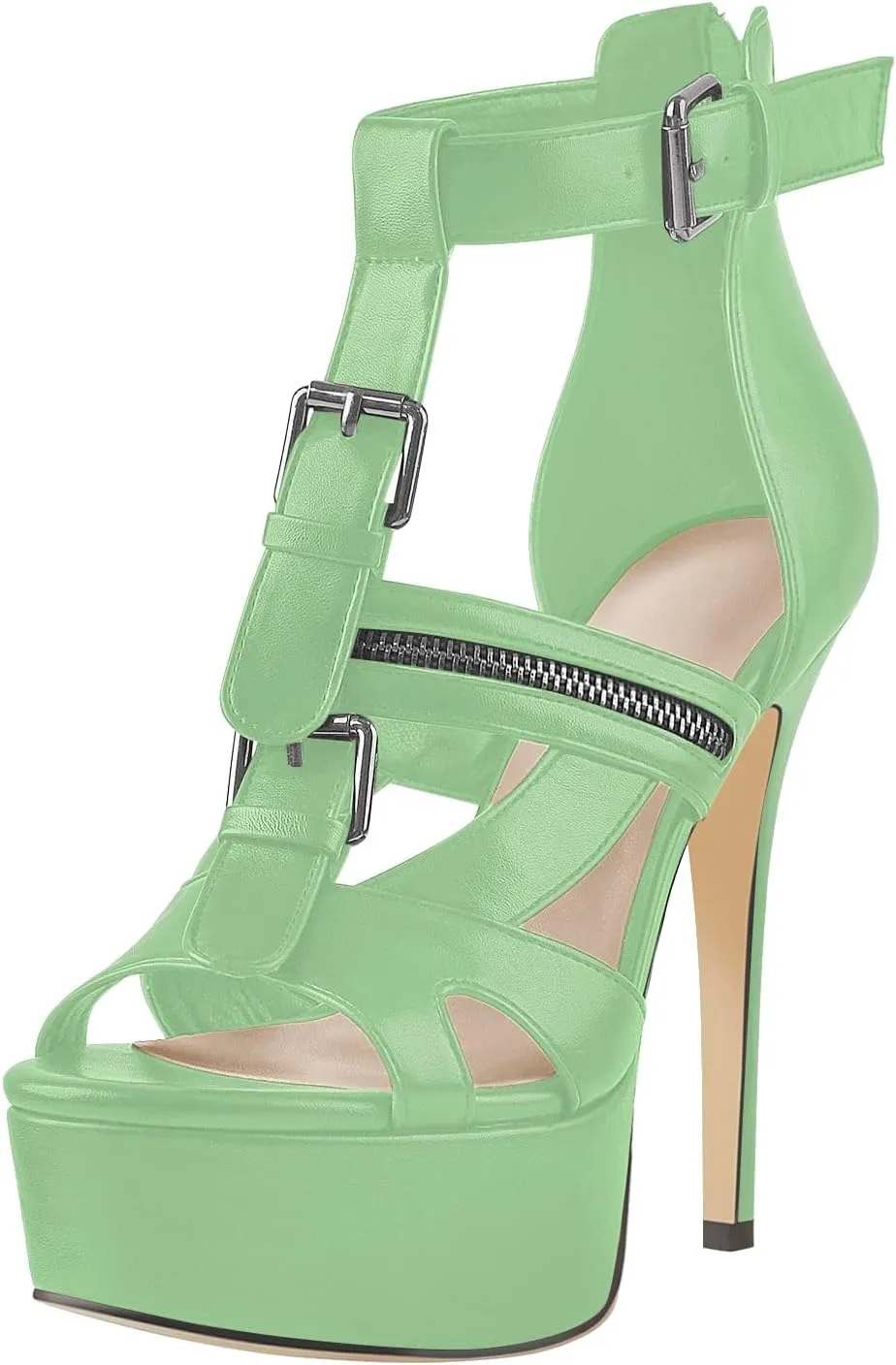 VERISSON Women's Buckle Strap Peep Toe Stiletto Platform Sandals with Grommets Band back Zippers High Heels Nubuck Summer Sandals for Evening Party