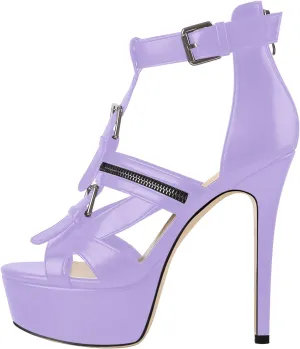 VERISSON Women's Buckle Strap Peep Toe Stiletto Platform Sandals with Grommets Band back Zippers High Heels Nubuck Summer Sandals for Evening Party