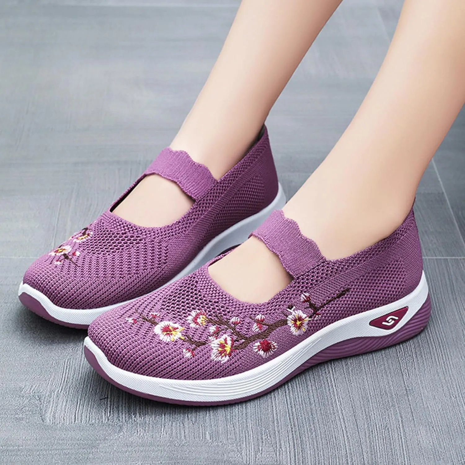 Walking Shoes Women Lightweight Breathable Knit Mesh Flat Loafers Comfy Mary Jane Non Slip Memory Foam Mom Walking Nurse Shoes Casual Soft Cushion Sneakers