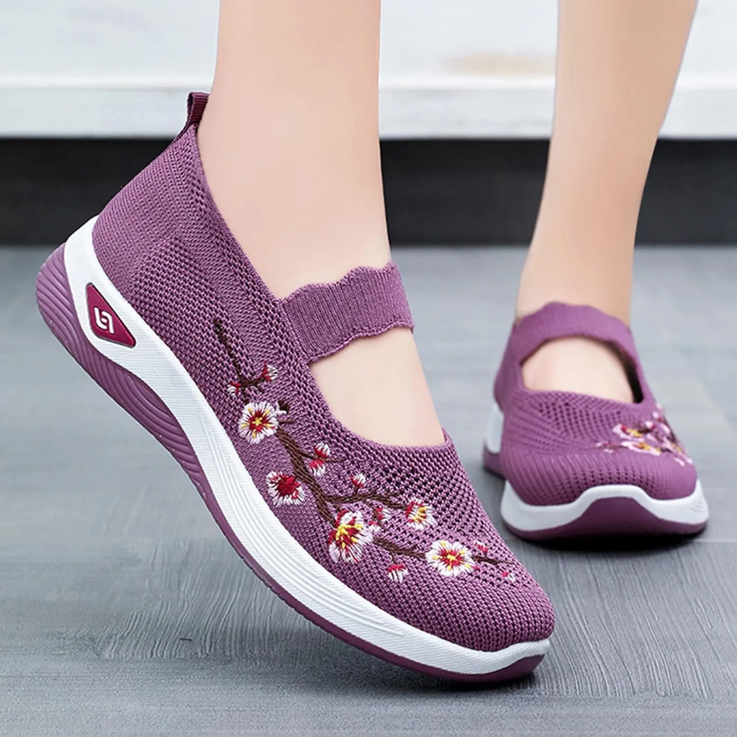 Walking Shoes Women Lightweight Breathable Knit Mesh Flat Loafers Comfy Mary Jane Non Slip Memory Foam Mom Walking Nurse Shoes Casual Soft Cushion Sneakers