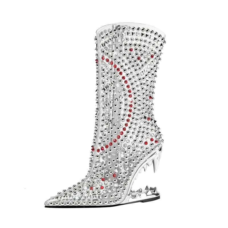 Water Diamond Transparent Pointed Shaped High Heel Short Boots