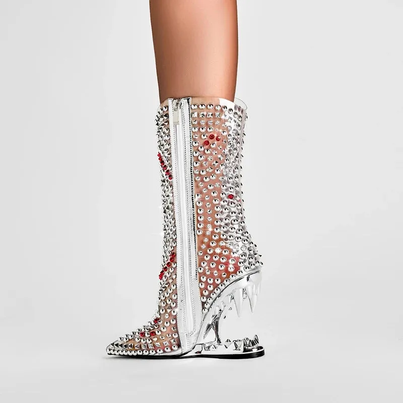 Water Diamond Transparent Pointed Shaped High Heel Short Boots