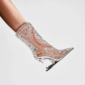 Water Diamond Transparent Pointed Shaped High Heel Short Boots