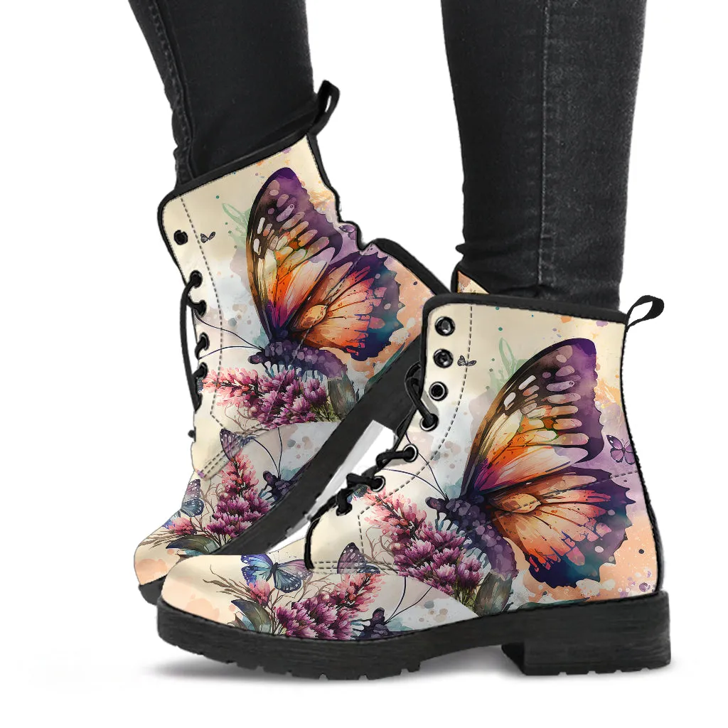 Watercolor butterfly Floral Women's Vegan Leather Combat Boots
