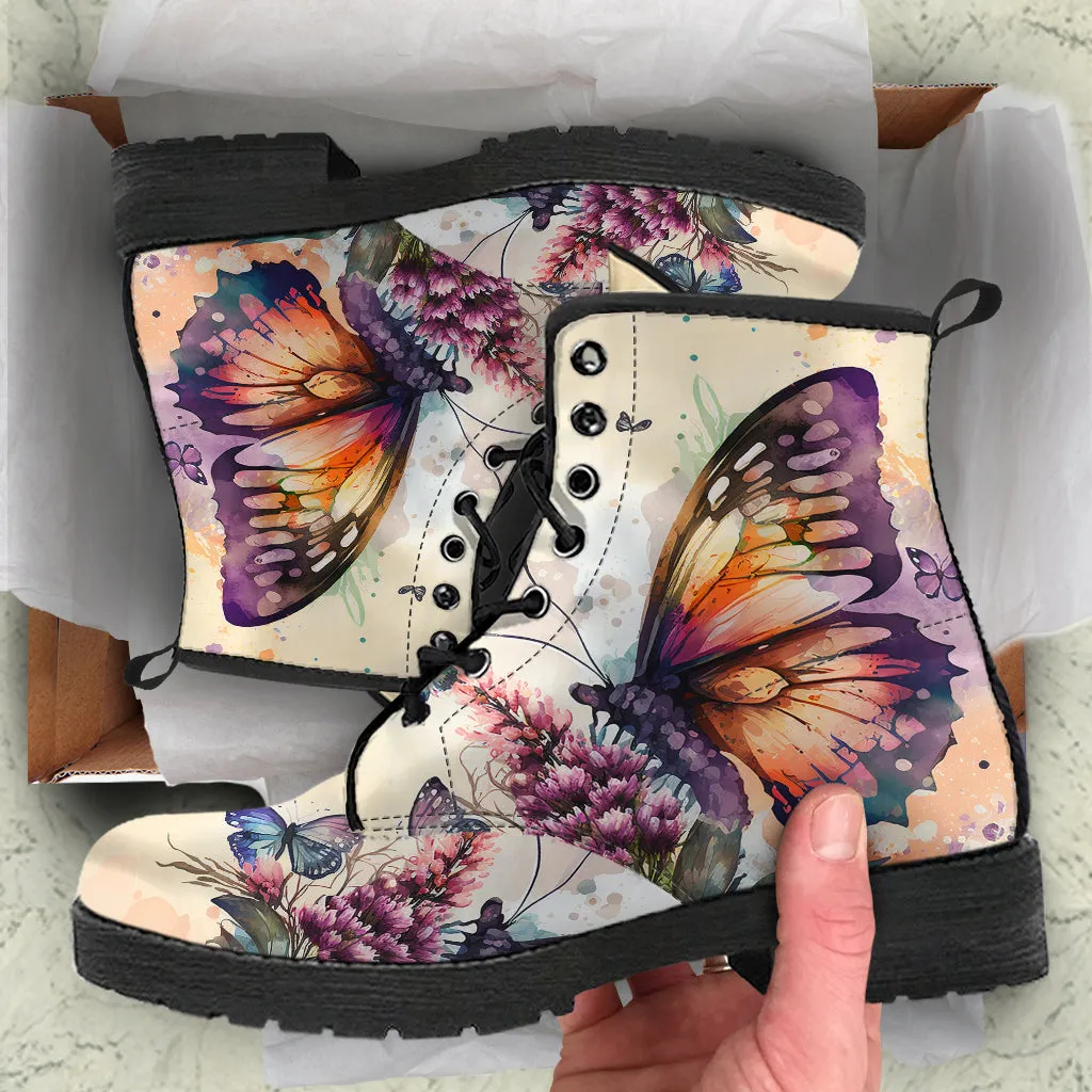 Watercolor butterfly Floral Women's Vegan Leather Combat Boots
