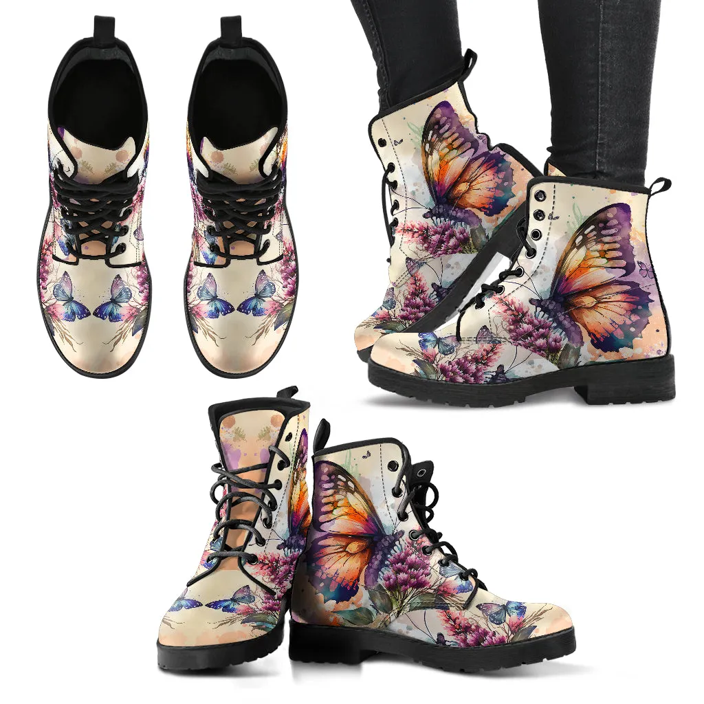 Watercolor butterfly Floral Women's Vegan Leather Combat Boots